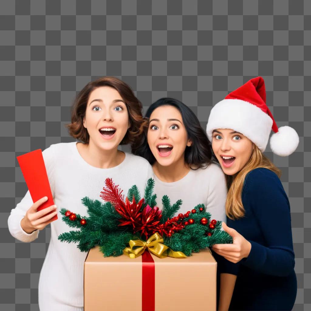 クリスマスプレゼントに驚く3人の女性