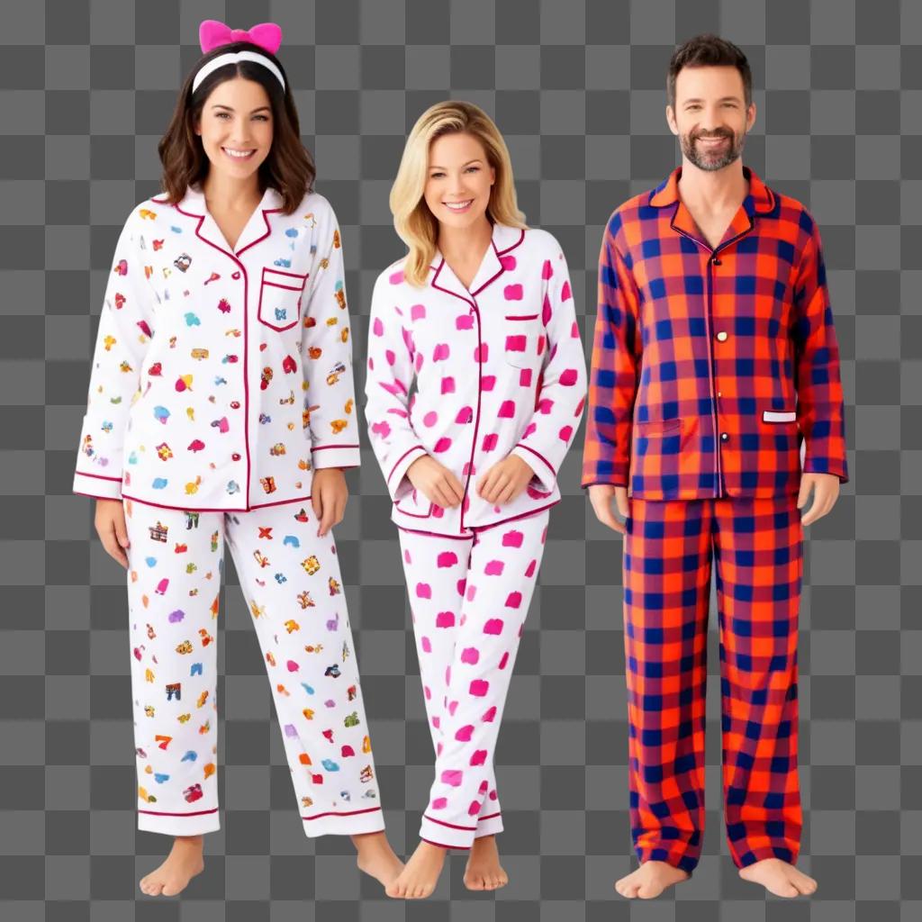 Three women wearing pajamas stand together