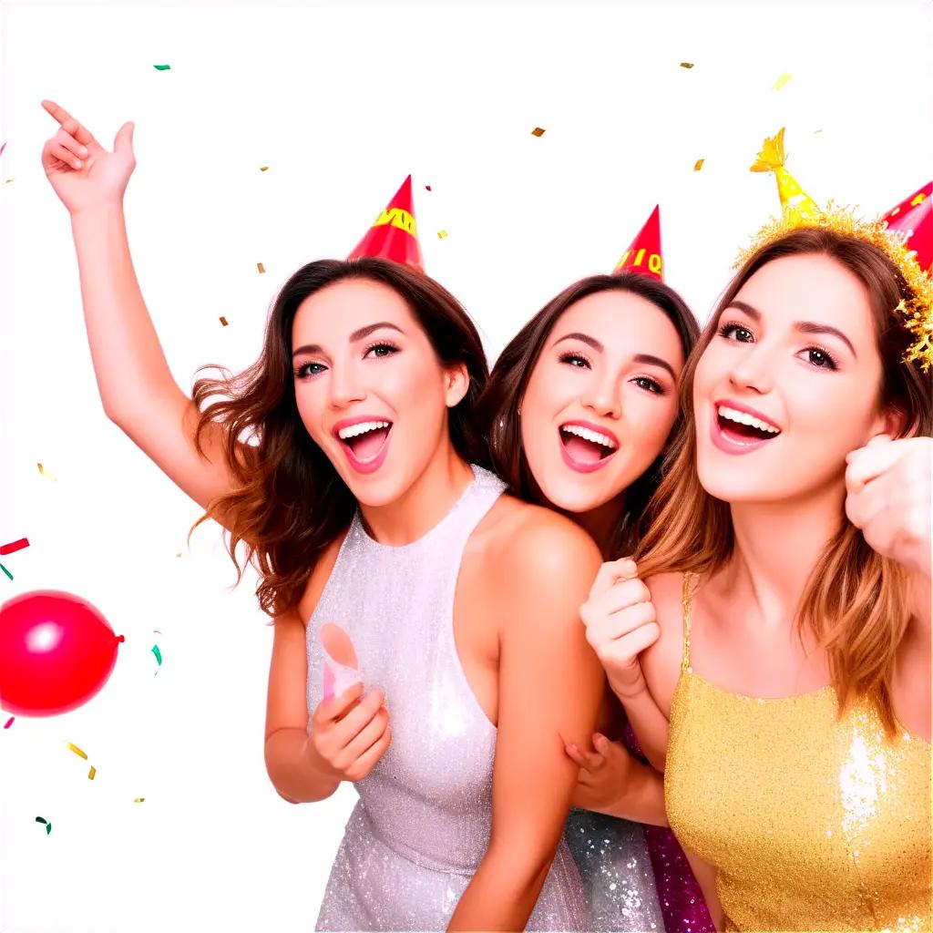 Three women with party hats celebrate a party