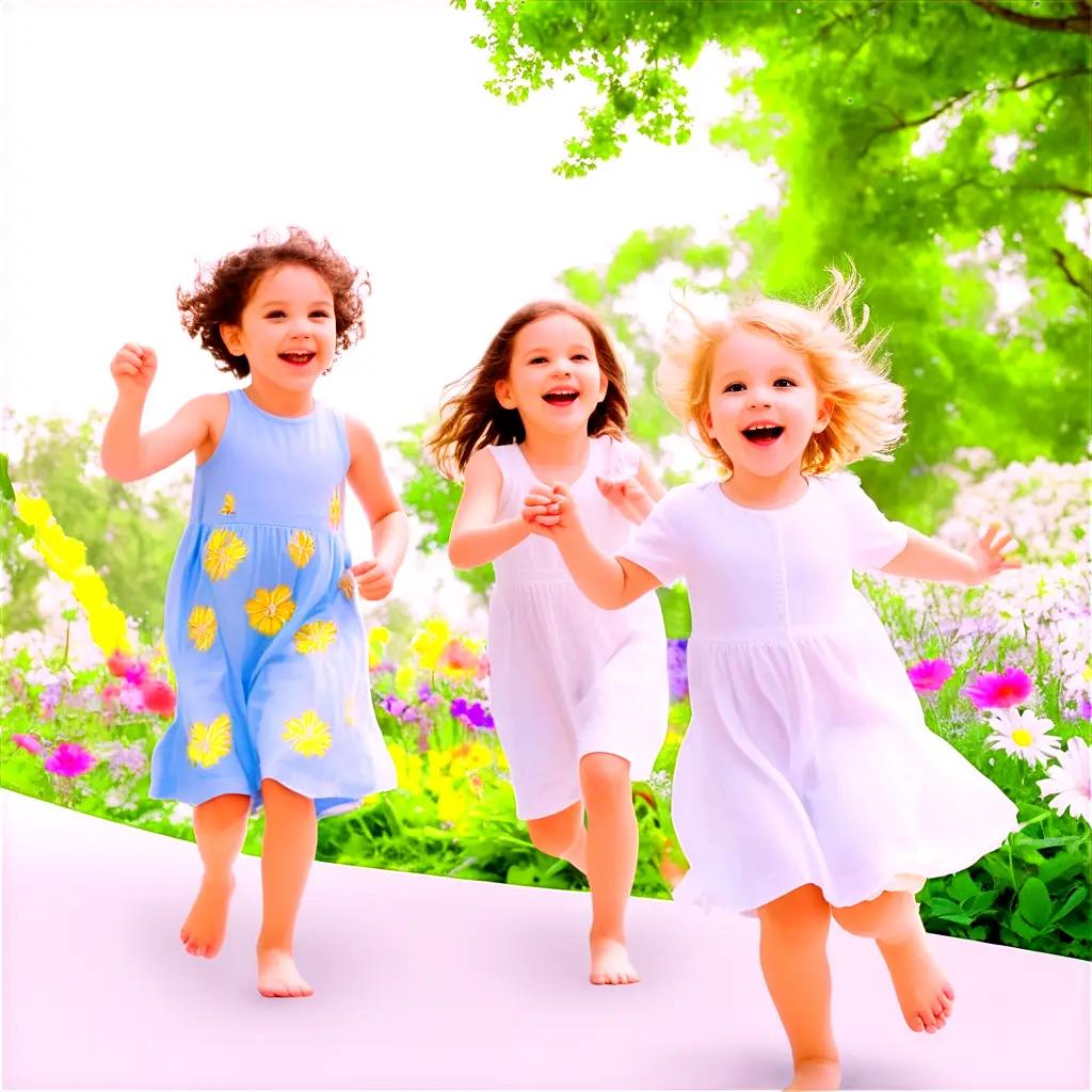 Three young children run in a garden