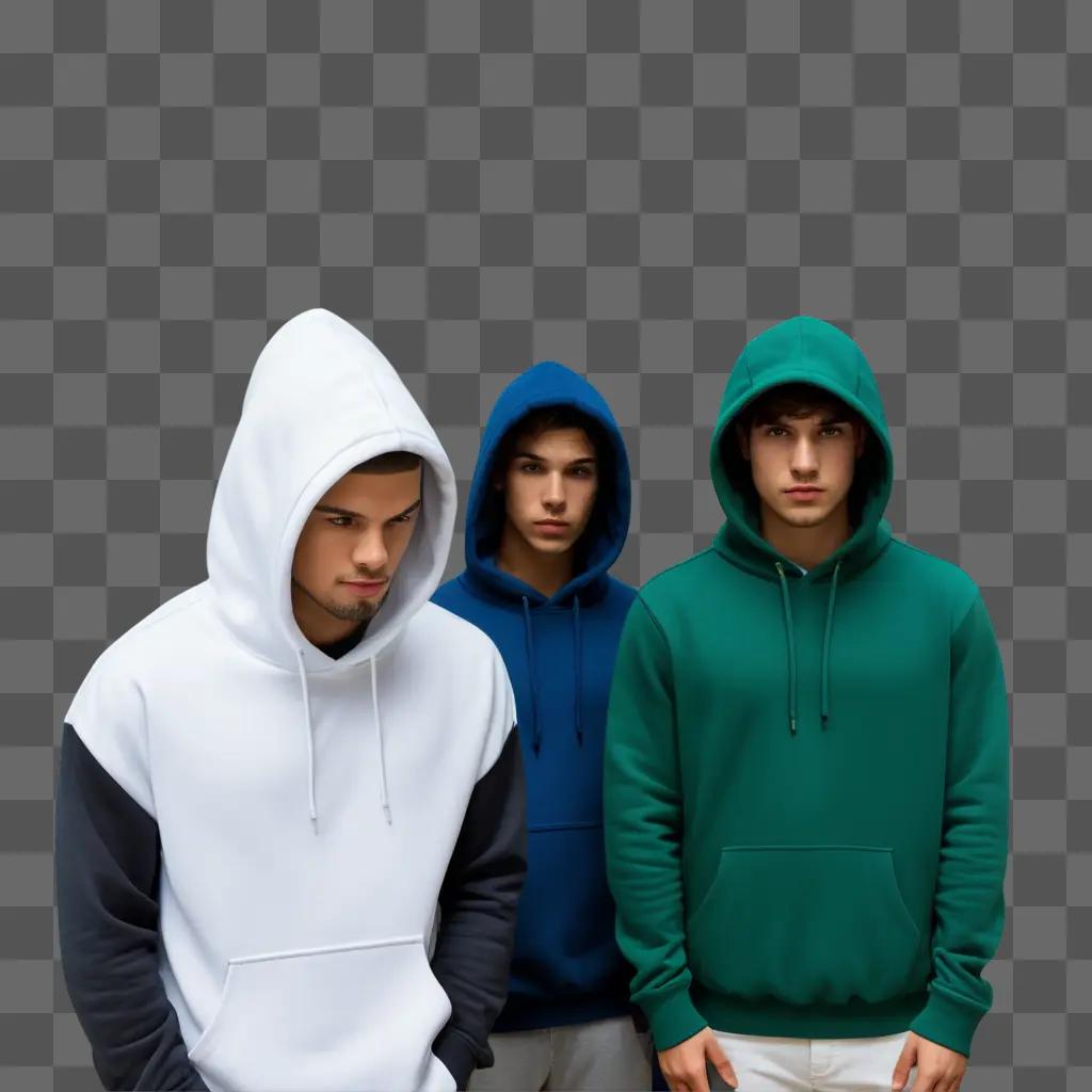 Three young men wearing hoodies pose in a studio