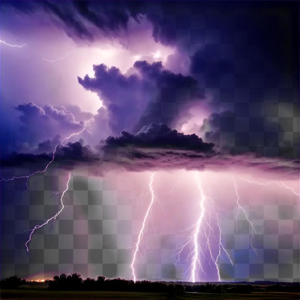 Thunderstorm lights illuminate a landscape in purple and white