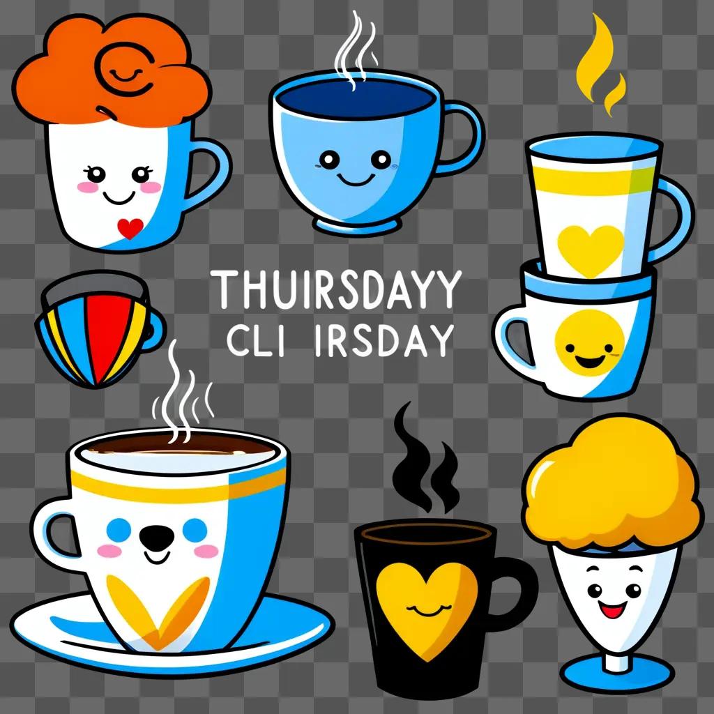 Thursday Clip Art features a variety of cups with smiling faces