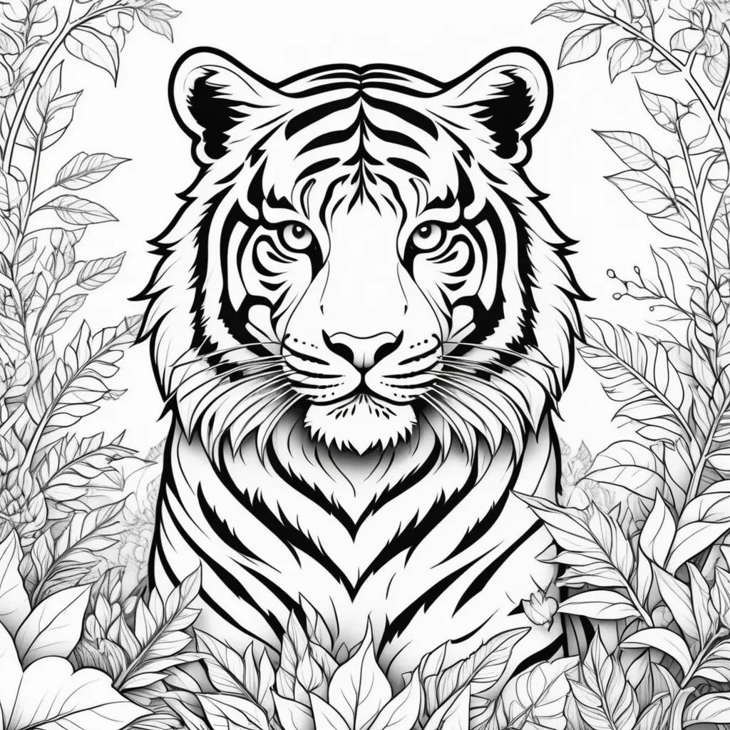 Tiger Coloring Page - a black and white illustration of a tiger surrounded by leaves