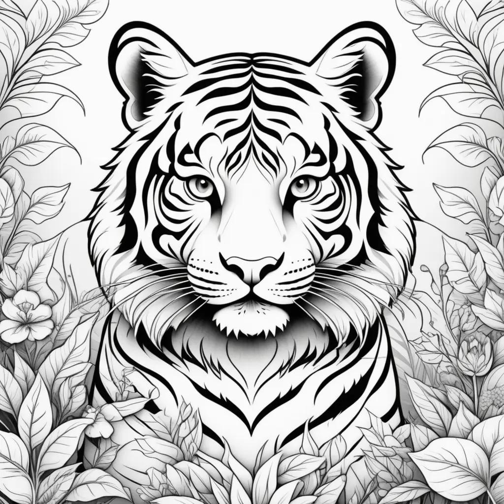 Tiger Coloring Page: A Beautiful Black and White Drawing of a Tiger in a Flower Arrangement