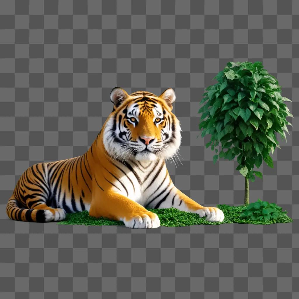 Tiger in a green field with a tree behind it