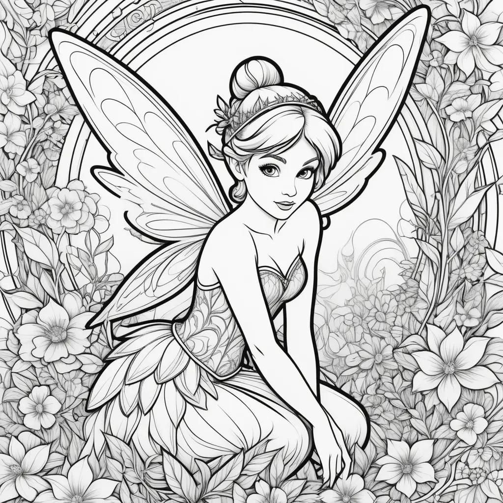 Tinkerbell coloring page with flower and leaves design