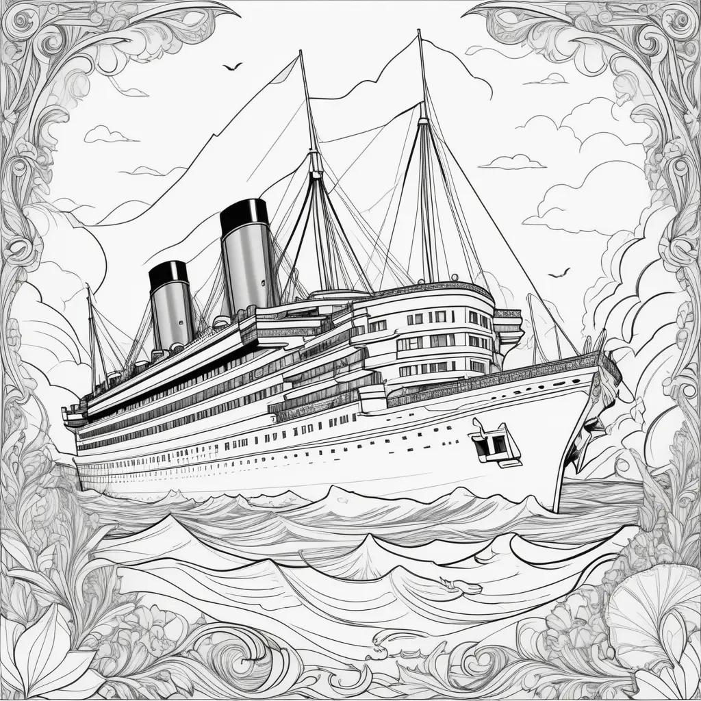 タイタニック号のぬりえは、象徴的な船を白黒のデザインで紹介しています
