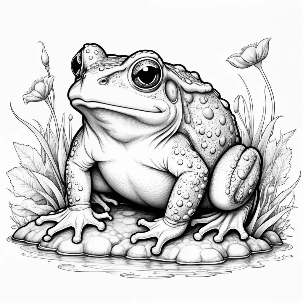 Toad Coloring Pages is a black and white drawing of a frog with a flower in the background