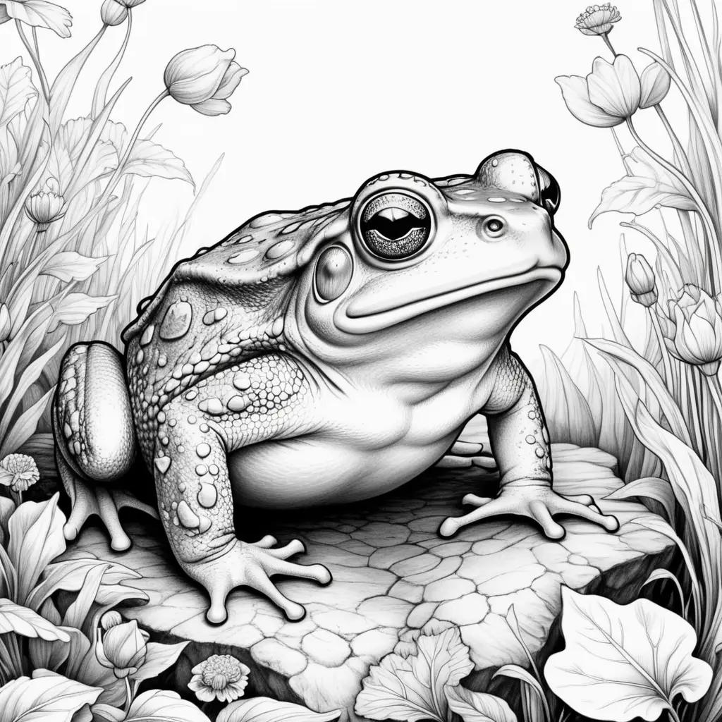 Toad coloring pages featuring a black and white drawing of a frog