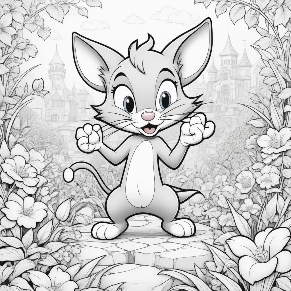 Tom and Jerry Coloring Pages: A Cartoon Cat and Mouse in a Flower Garden