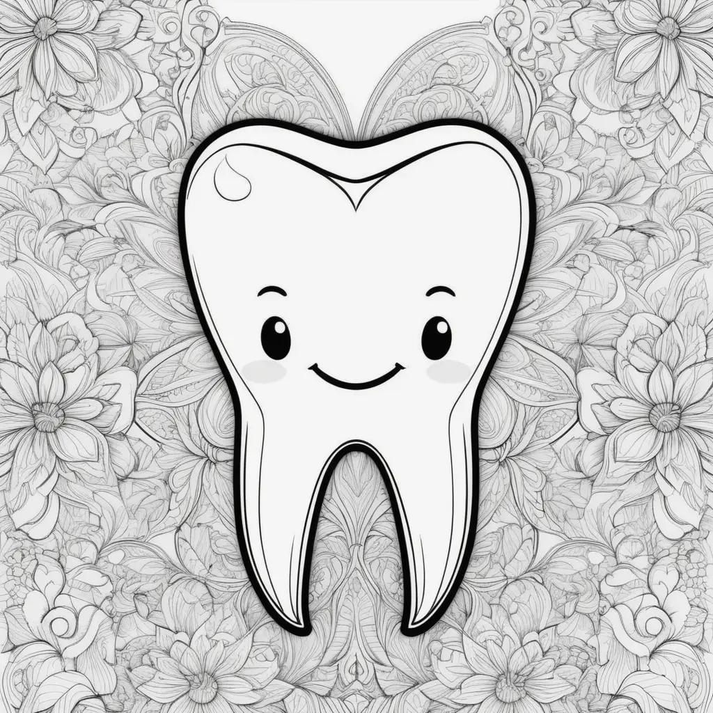 Tooth coloring page with a happy tooth and colorful flowers