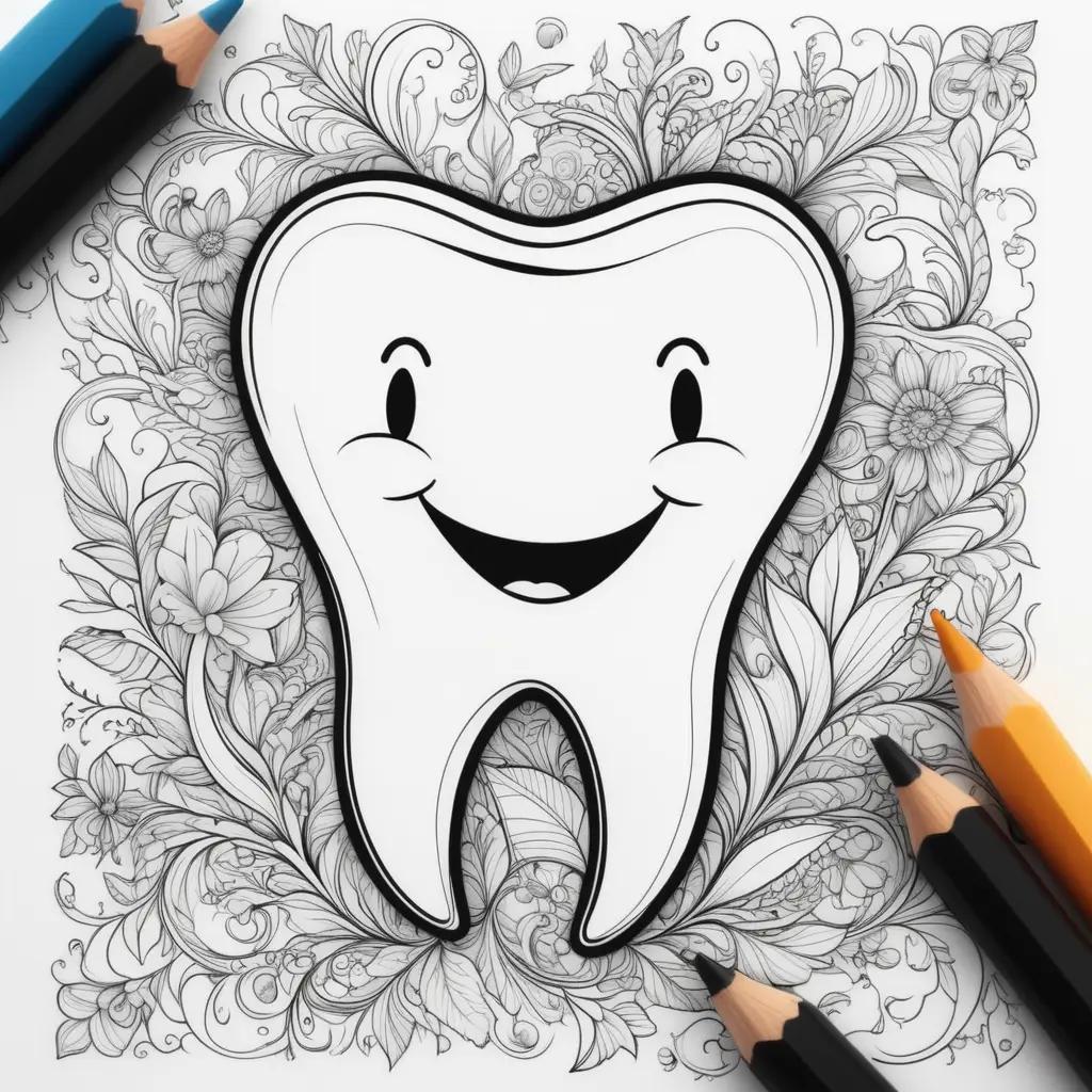 Tooth coloring page with a smiling face and flowers