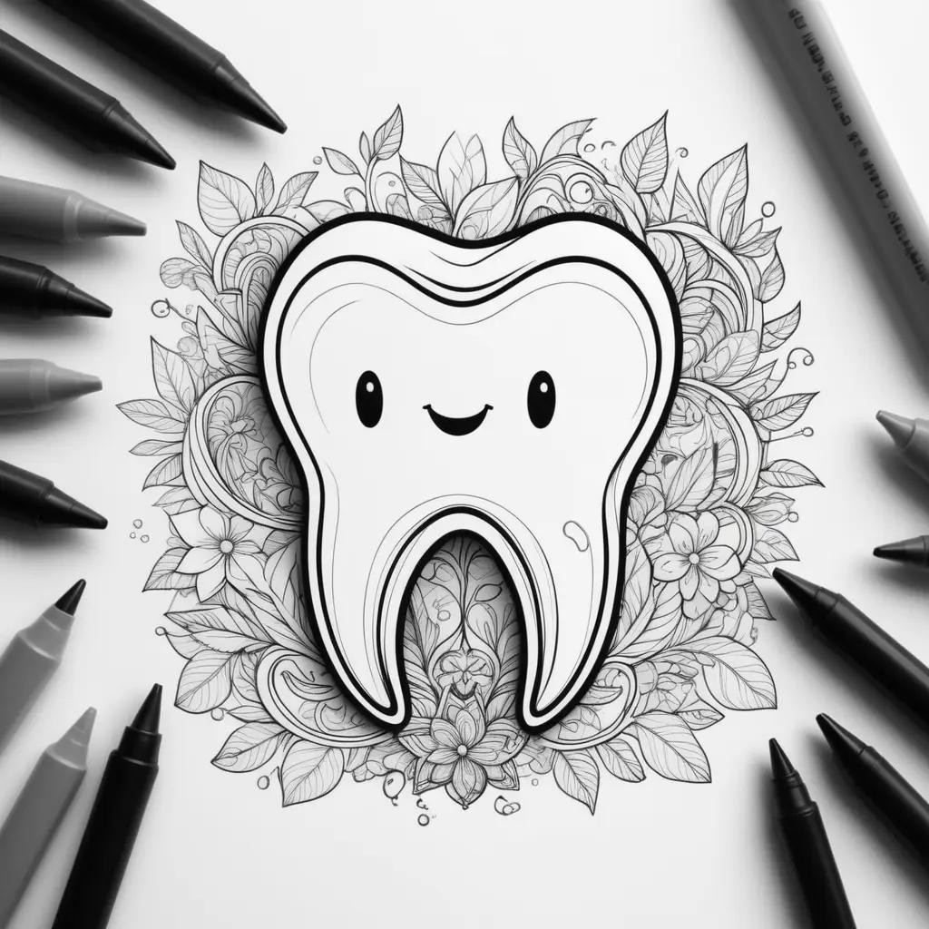 Tooth coloring page with a smiling face and flowers around it