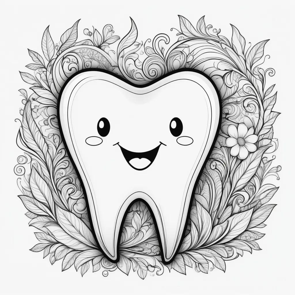 Tooth coloring page with a smiling face and leaves