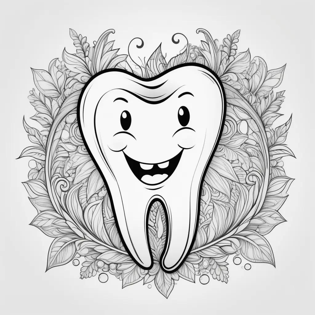 Tooth coloring page with cartoon smile and leaves