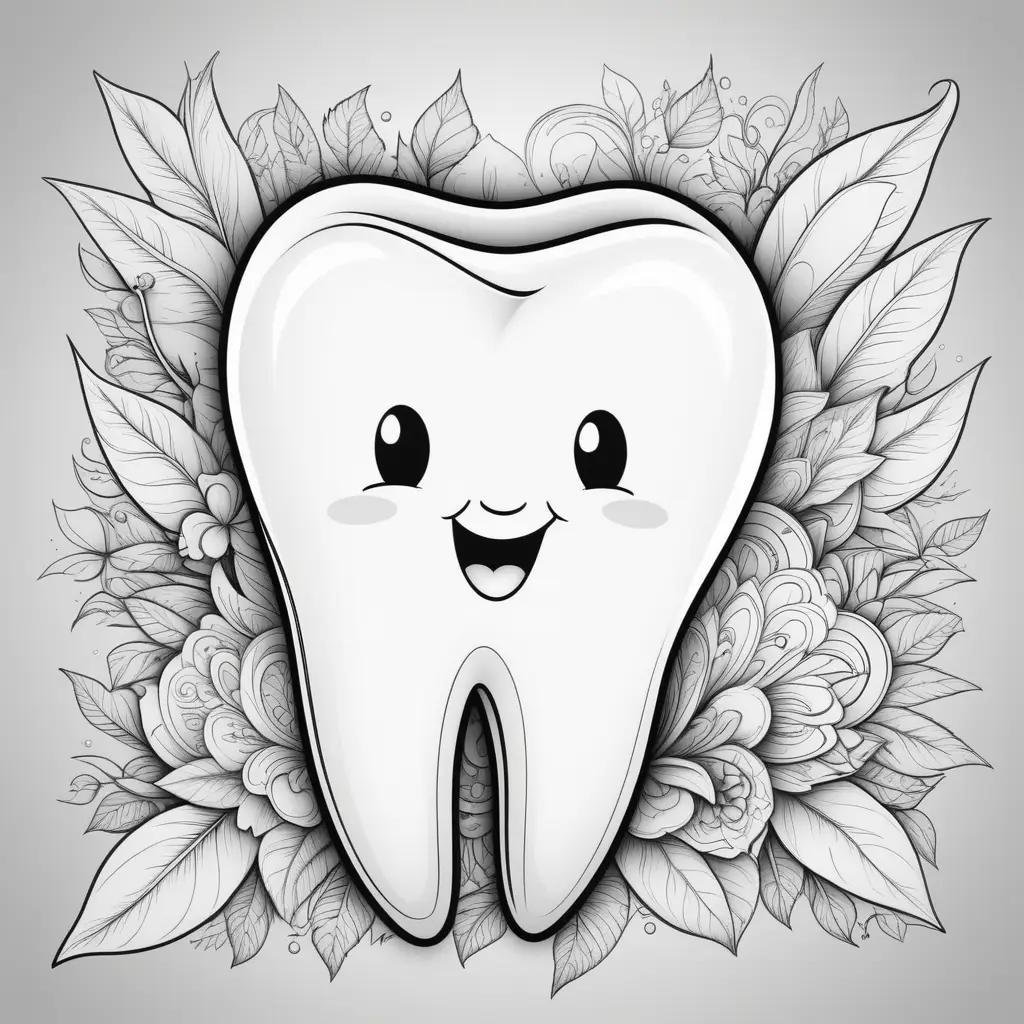 Tooth coloring page with happy tooth and leaves