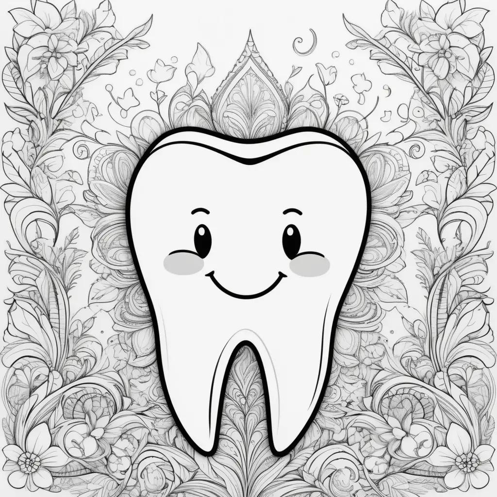 Tooth coloring page with smiling tooth and flower designs