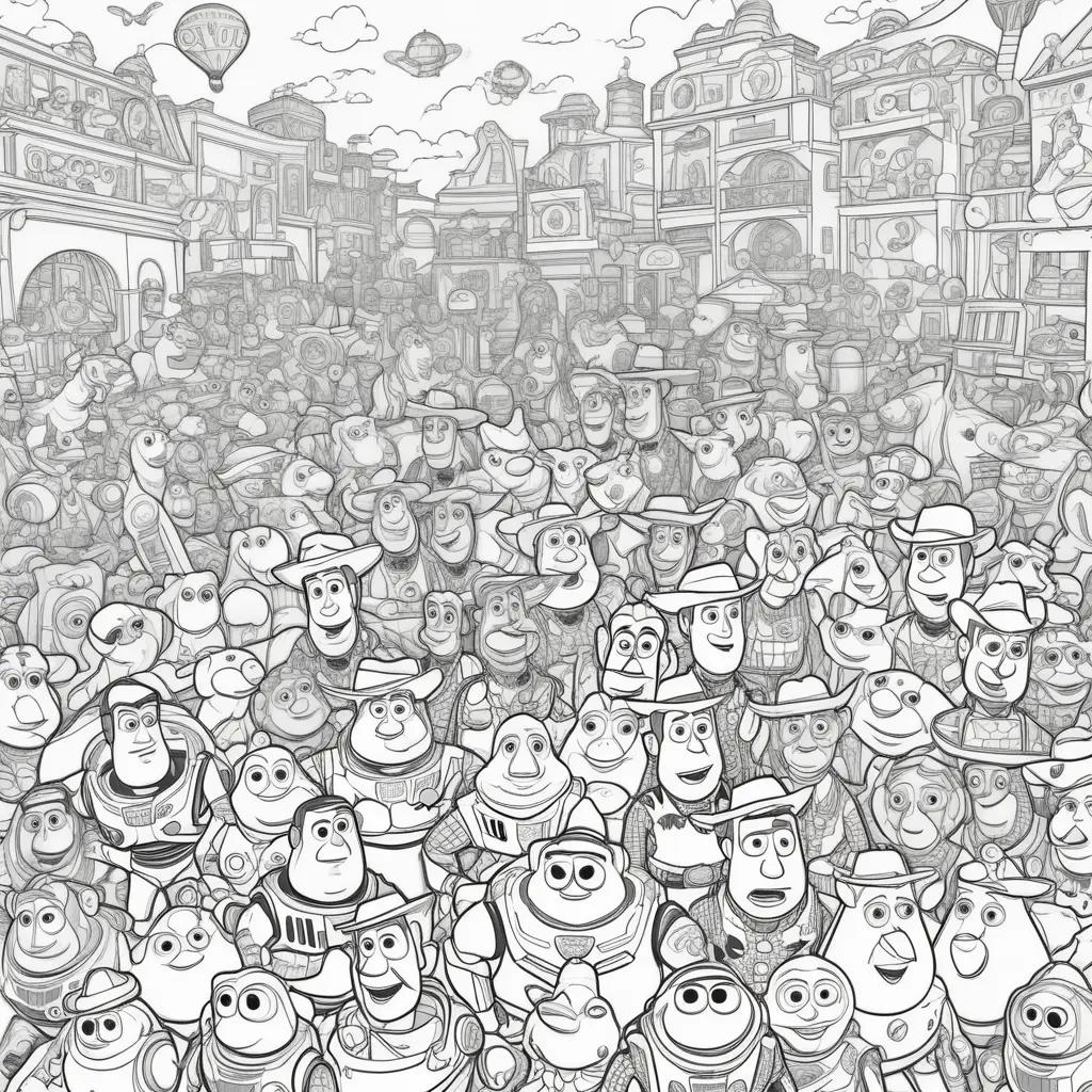 Toy Story Coloring Page with lots of people and balloons