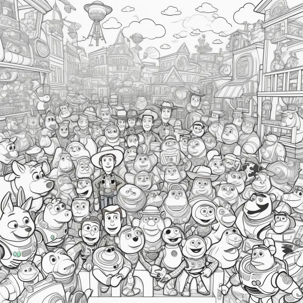 Toy Story coloring page featuring various characters