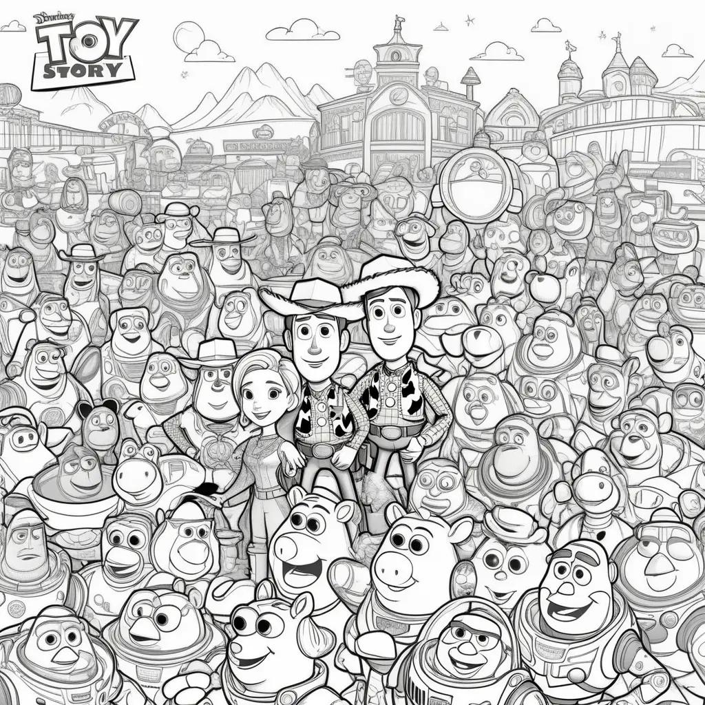 Toy Story coloring page with black and white cartoon characters