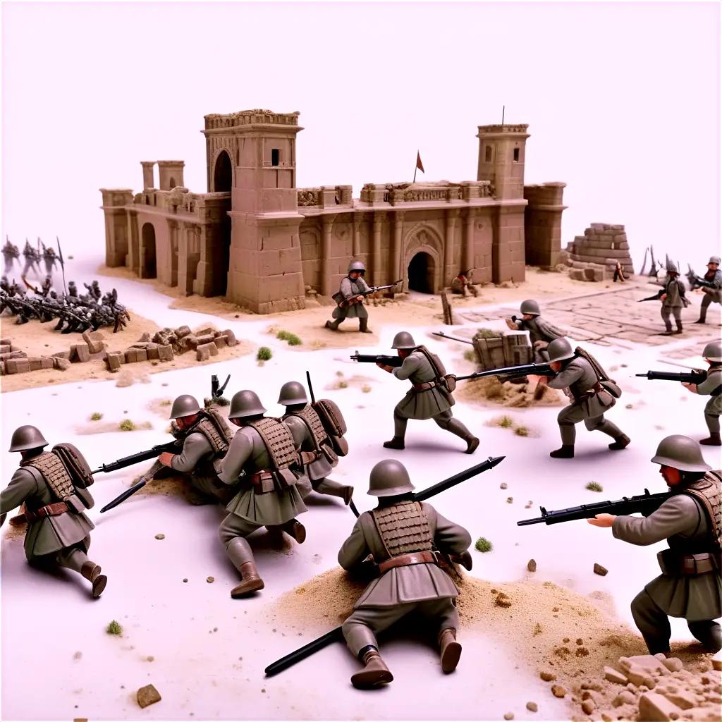 Toy soldiers in desert setting, with one in a trench