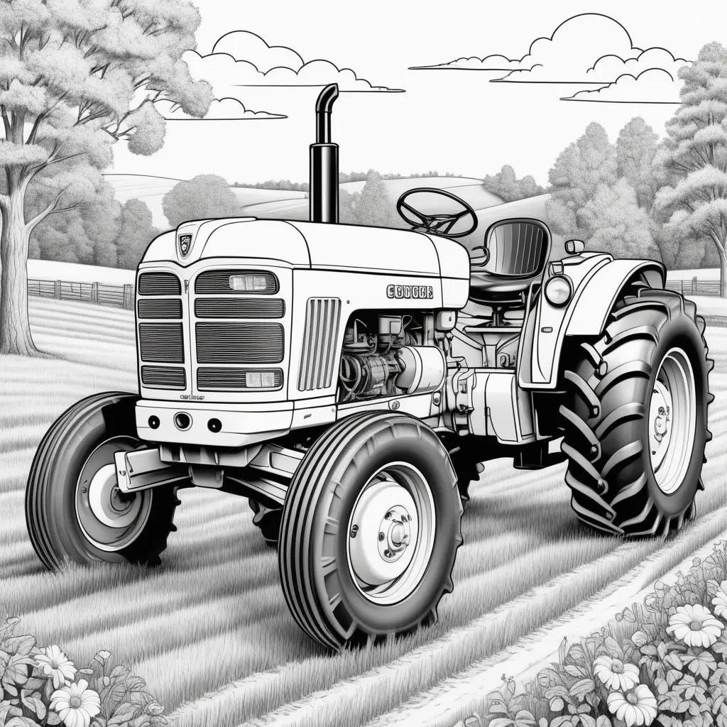 Tractor coloring page with flowers and trees in the background