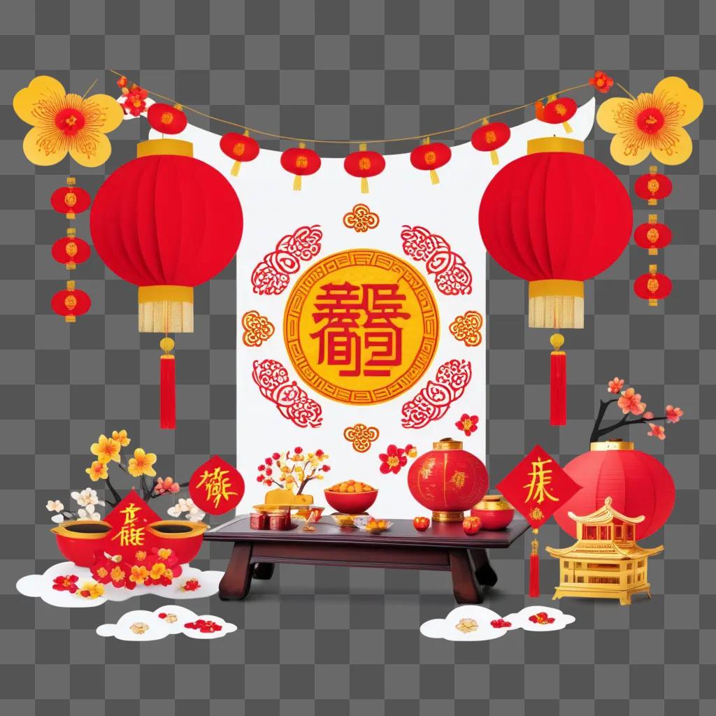 Traditional chinese new year decoration with lanterns and flowers