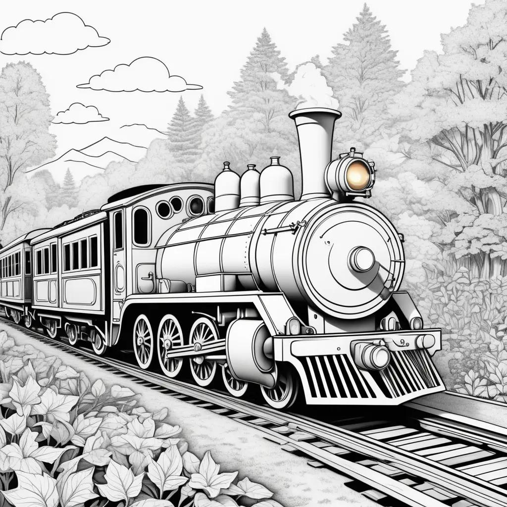 Train Coloring Page: A Black and White Cartoon Train on the Railroad Tracks