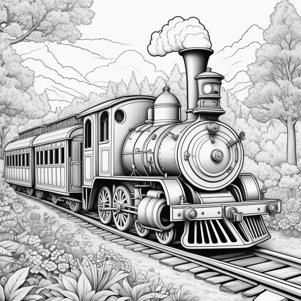 Train Coloring Page: A classic black and white illustration of a train on tracks