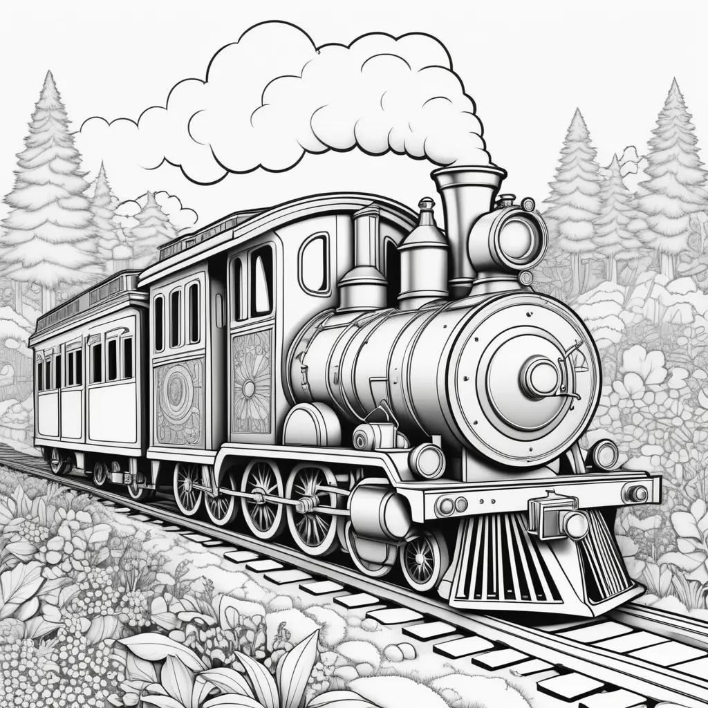 Train Coloring Page with a forest background