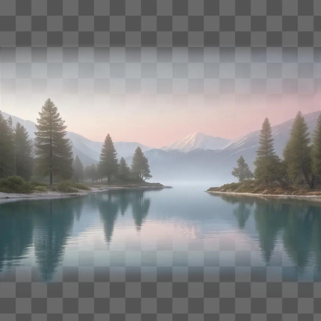 Transparent Aesthetic: A serene scene of a lake, mountains, and trees under a hazy, colorful sky