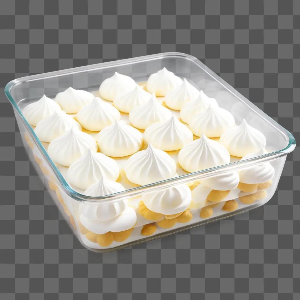 Transparent baking dish filled with meringue balls