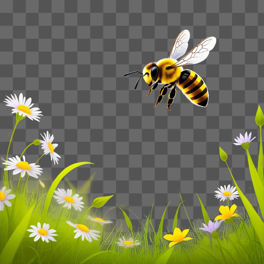 Transparent bee flying over green grass and flowers