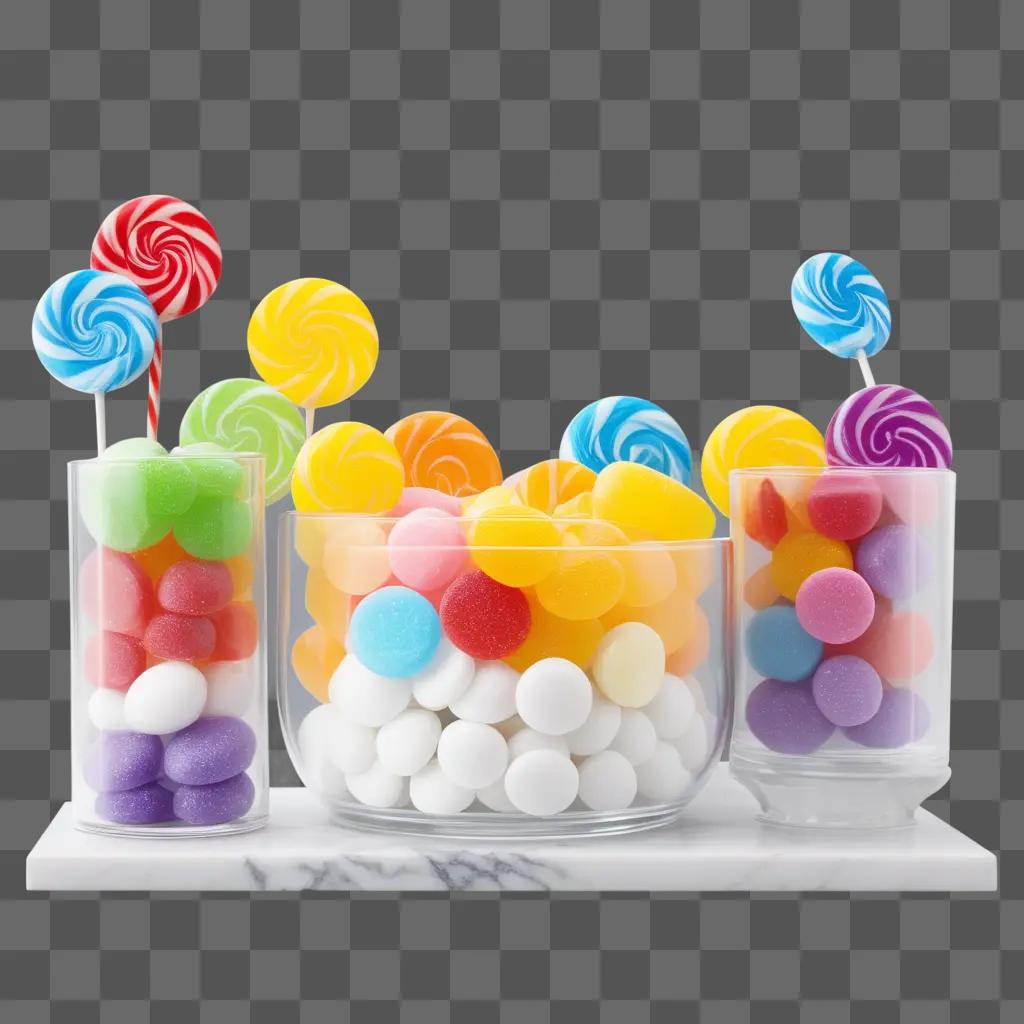 Transparent candy jars with colorful lollipops and candies