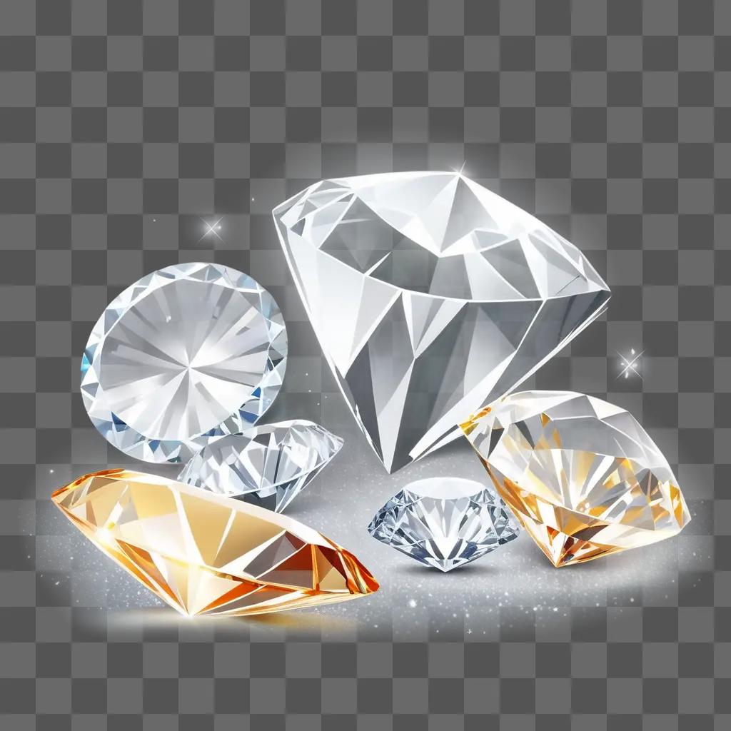 Transparent diamonds are set against a white background