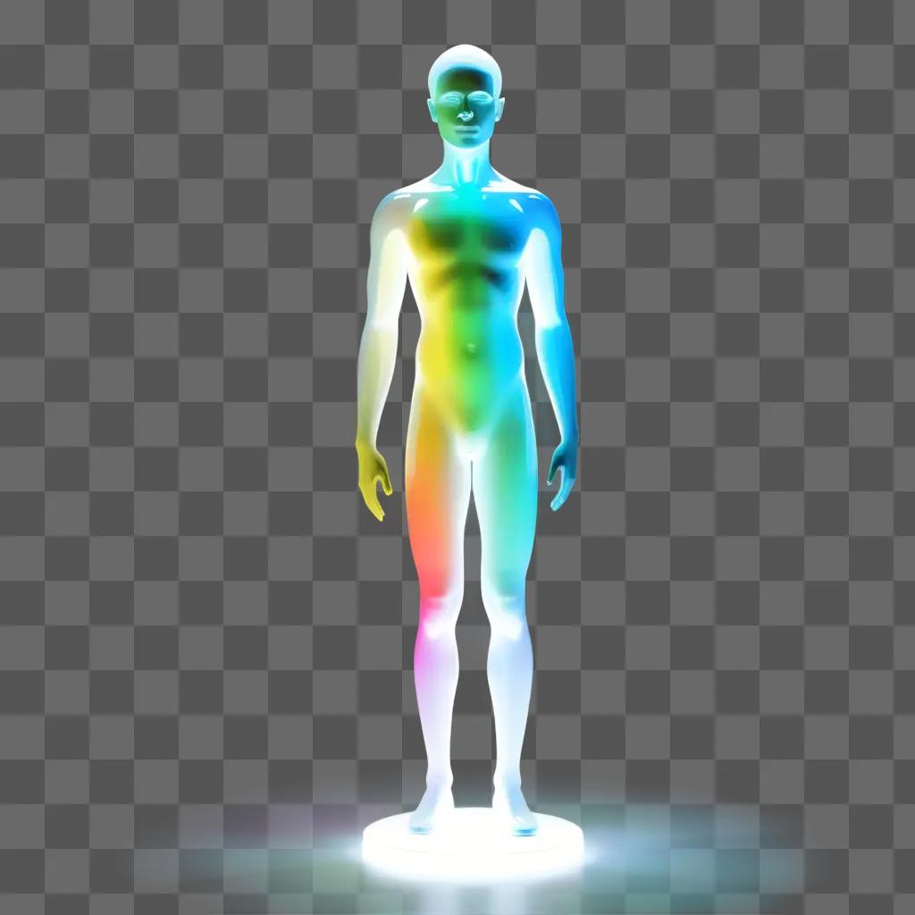 Transparent humanoid figure standing on a lighted stage