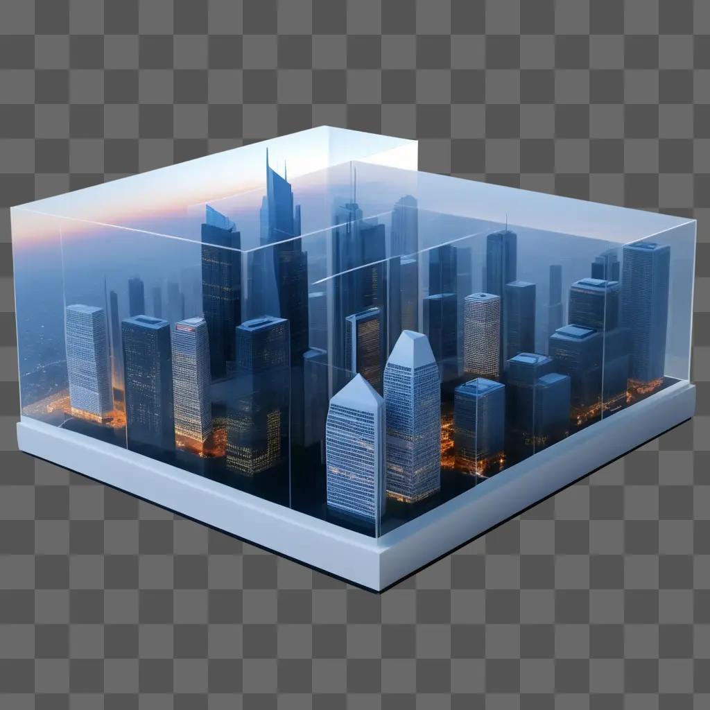 Transparent model of a city in a glass box