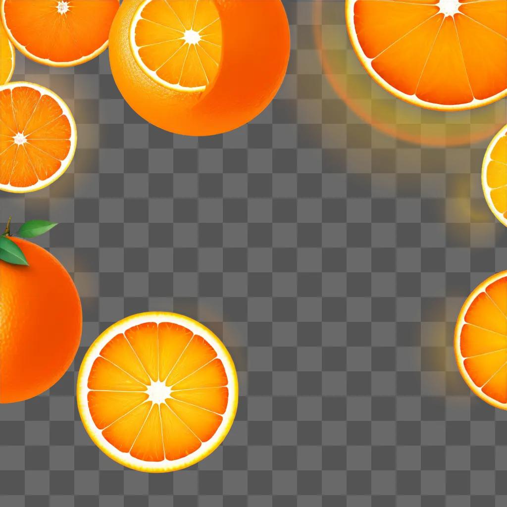 Transparent orange slices on an orange background