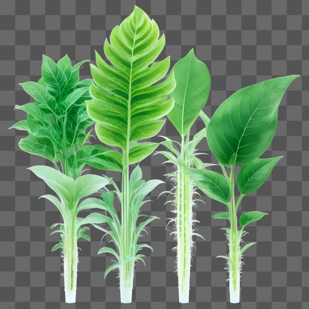 Transparent plants with various leaves on green background