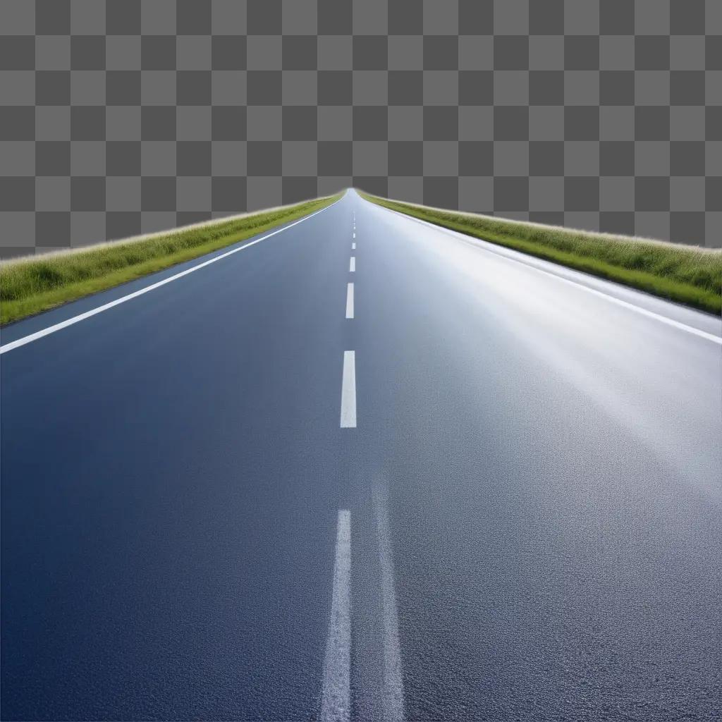 Transparent road, empty and calm, leading to a distant green field