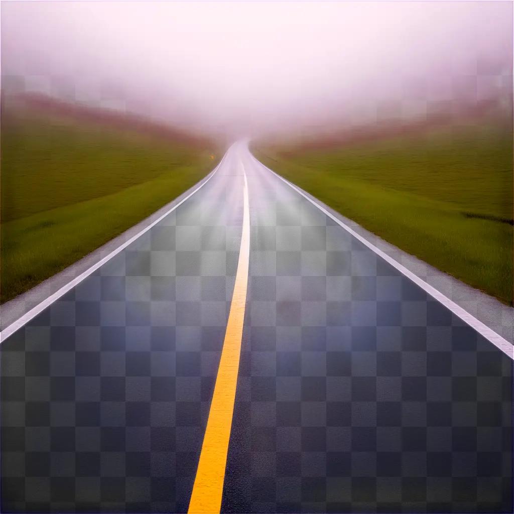 Transparent road, yellow lines, fog, and grassy hillside