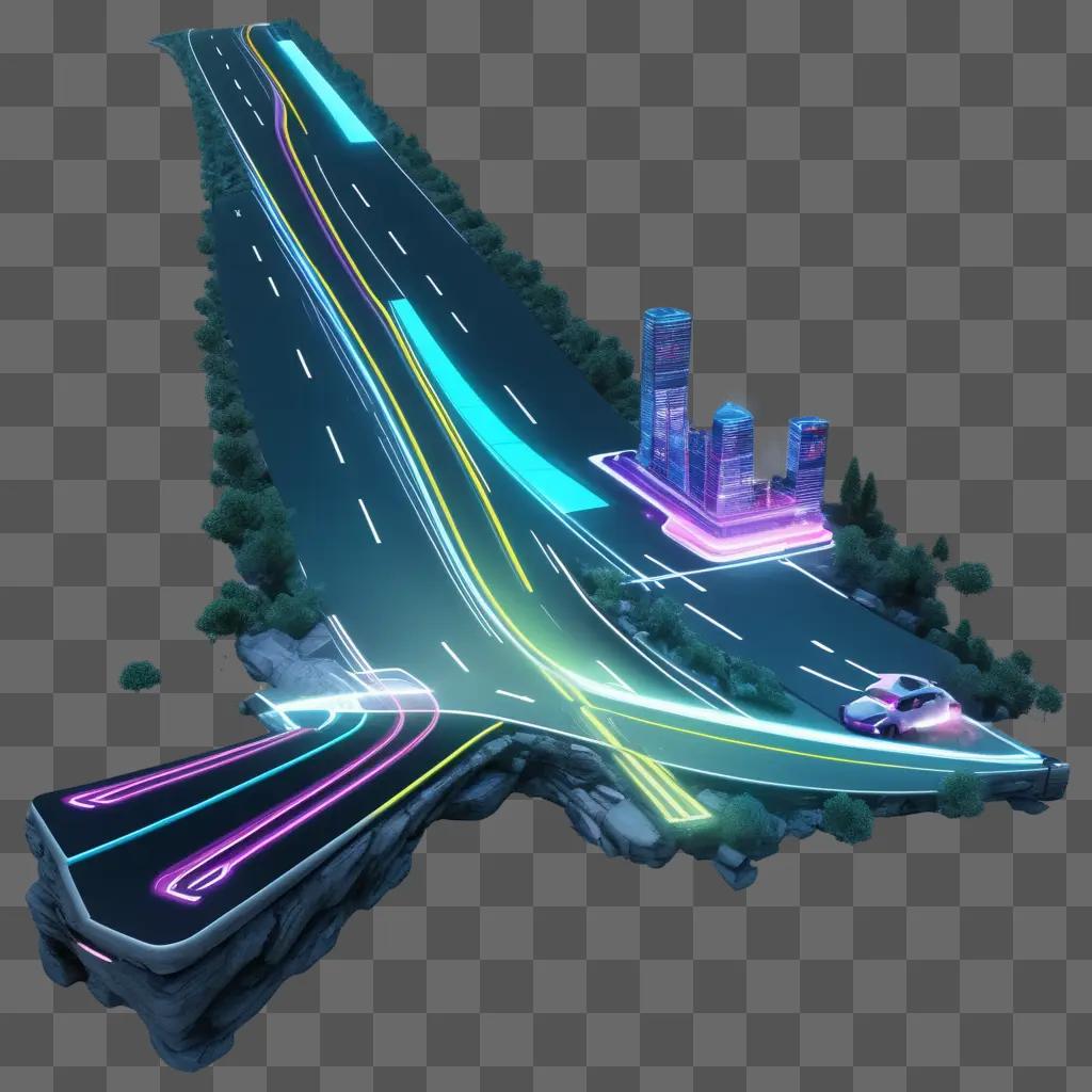 Transparent road with colorful lights and buildings