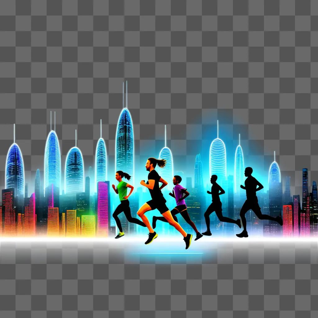 Transparent running in city with neon lights