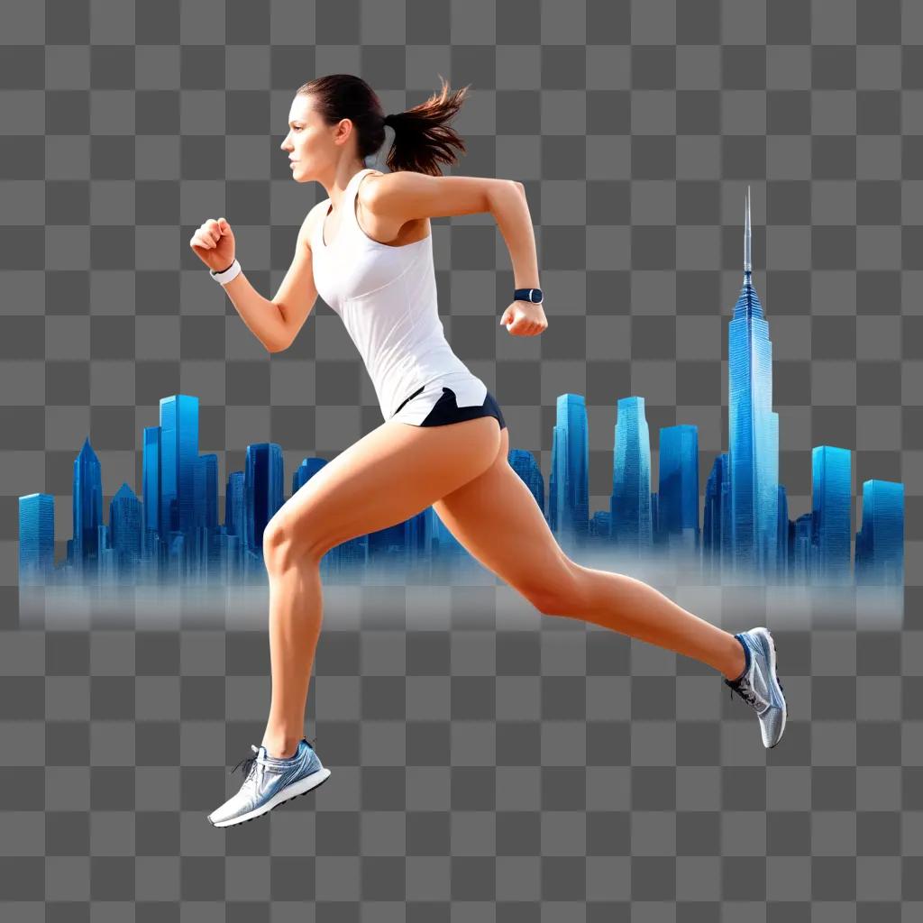 Transparent running woman with city in the background