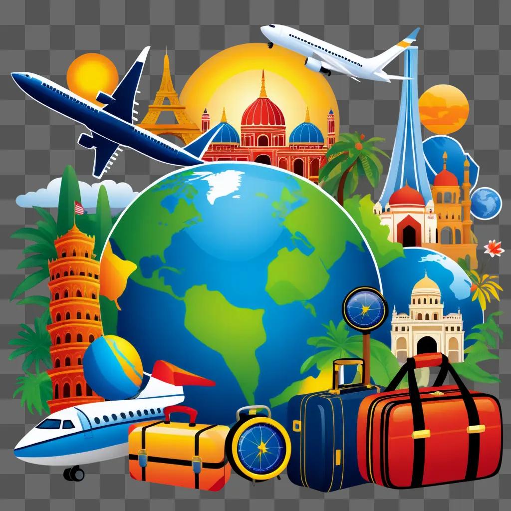 Travel Clipart with a World Map and Luggage