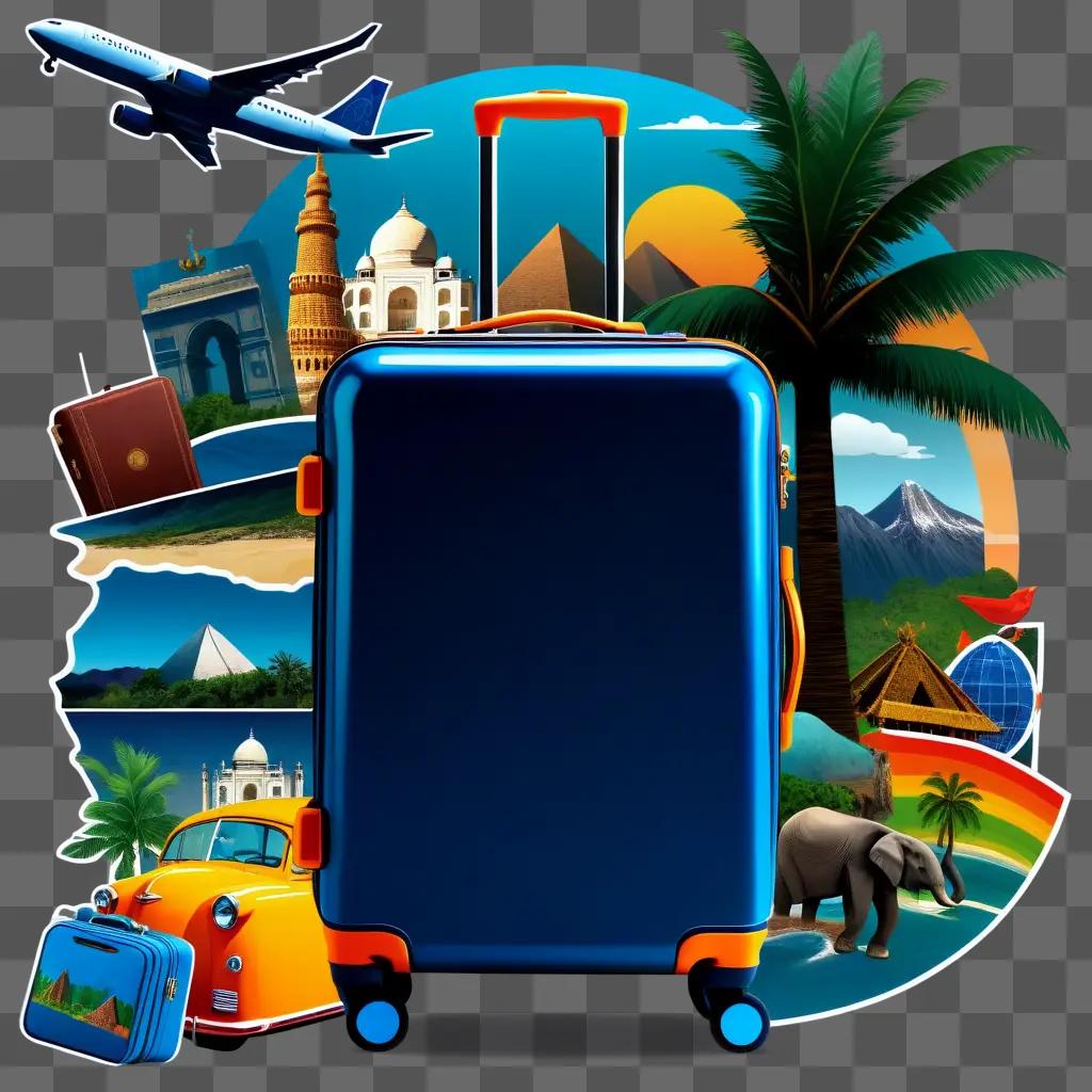 Travel destination illustration featuring a suitcase, plane, and palm tree