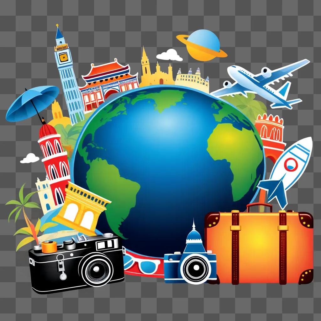 Traveling clipart features a suitcase, umbrella, and airplane