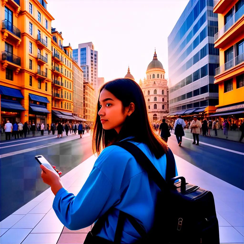 Traveling girl with backpack in the city