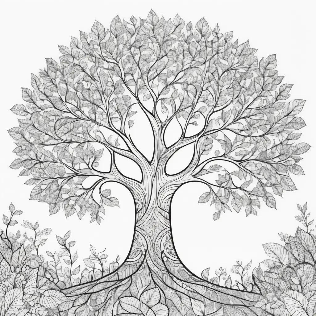 Tree coloring page with intricate details and leaves